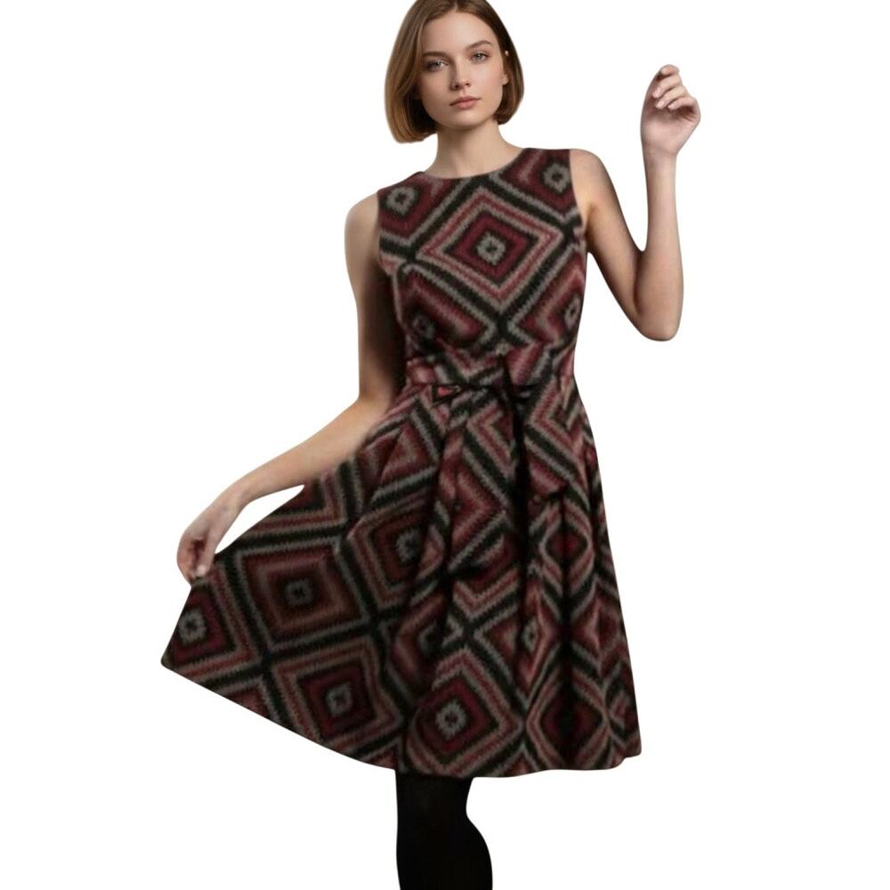 Anthropologie Eva Franco A Line Geometric Patterned Dress Red and Black Size 10